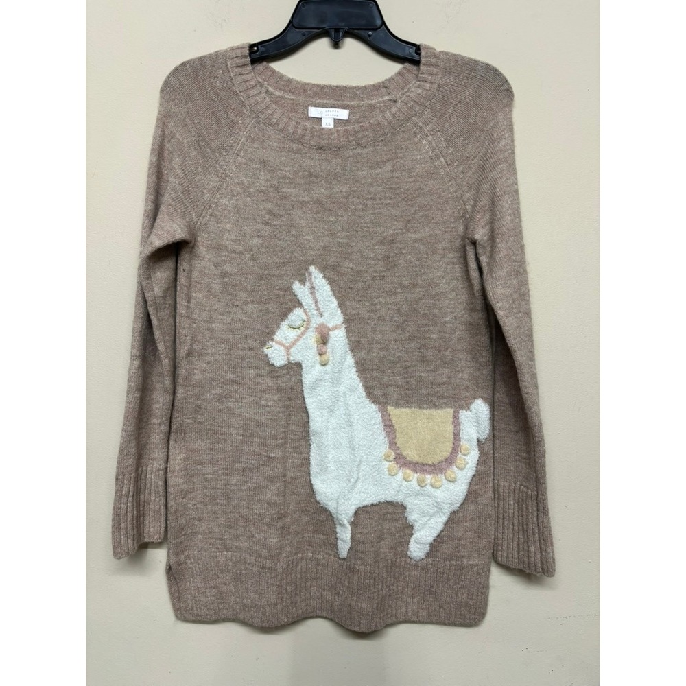 LC Lauren Conrad Llama Graphic Sweater XS Brown Metallic Knit Cozy spring
